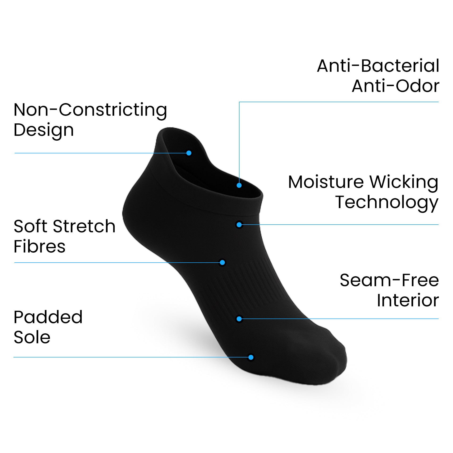 Lot de 6 Padded Stretch Diabetic Ankle Chaussettes - Noir